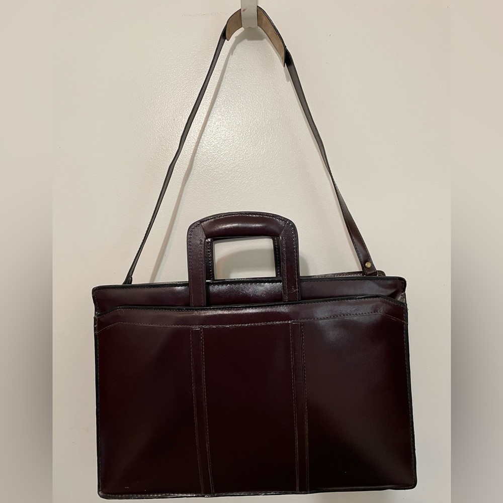 Vintage Burgundy Quality Top Grain Leather unisex Briefcase W Shoulder Strap